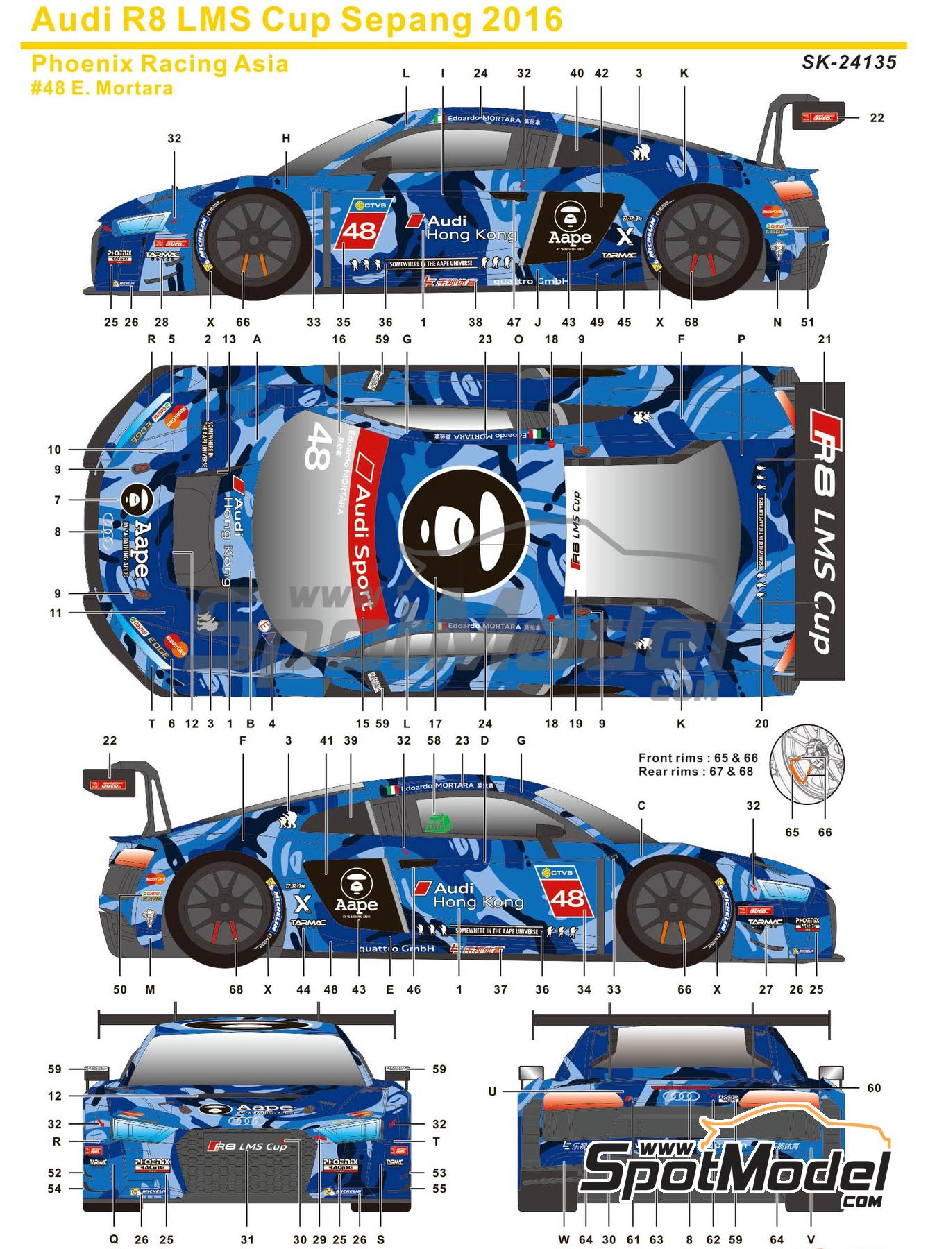 Audi R8 LMS GT3 Phoenix Racing Asia Team sponsored by Aape - Asian Audi R8  LMS Cup Sepang 2016. Marking / livery in 1/24 scale manufactured by SK Deca